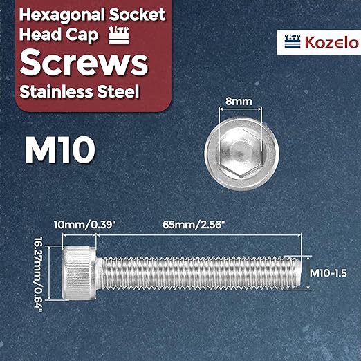 Kozelo 10pcs Socket Head Cap Screws - [M10-1.5 x 65mm] 304 Stainless Steel Allen Socket Drive for Electrical Motor 3D Printing Fan Engine Replacement Use, Silver