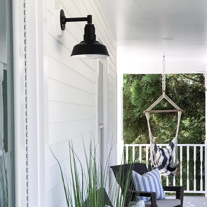 Steel Lighting Co. Hawthorne Barn Light | Outdoor Wall Mounted | 8 inch Dome | 11 inch Straight Arm| Small Farmhouse Light Made in America | Matte Black Exterior/Brass Interior
