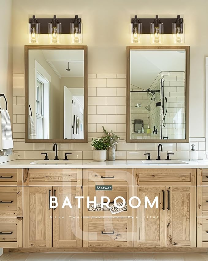 METWET 3-Light Bathroom Light Fixtures, Modern Vanity Light with Cylinder Clear Glass Shade, Vanity Lighting Fixtures Over Mirror, Oil Rubbed Bronze, VL143-ORB-3