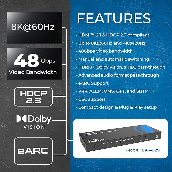 OREI 4-Port eARC 8K Audio Extractor 4x1 Switch for Monitors TVs, Extract Dolby Atmos to Convert Sound bar 4K @ 120hz 18G ARC HDCP 2.3 Perfect for 8K Displays, CEC, Remote Control Works for Sonos Bose