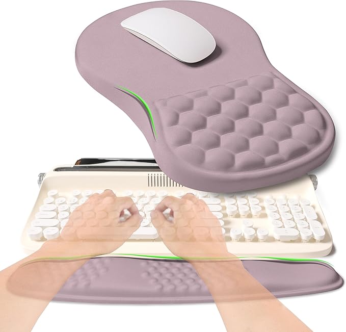 KUOSGM 2-in-1 Ergonomic Set, Wave Rise Keyboard Wrist Rest and Massage Bulge Slope Mouse Pad Wrist Support, Cushion Memory Foam Integrated to Relieve Wrist Pain, Purple