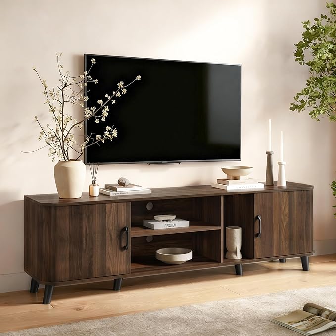 LuxenHome 70 Inch TV Stand, Mid Century Modern TV Stands for Living Room for TV Up to 75", Walnut Media Console Entertainment Center with Storage, Brown TV Consoles for Living Room with Curved Edge