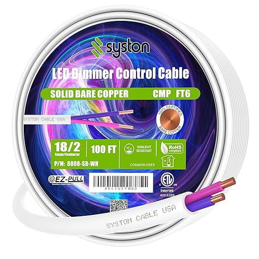 Syston Cable Technology 18/2 LED Lighting Dimmer Dimming Luminaire Control Wire Cable,18 AWG 2 Conductors Solid Bare Copper Unshielded Plenum Rated CMP CL3P FT6, for Ballast Wiring and Connection
