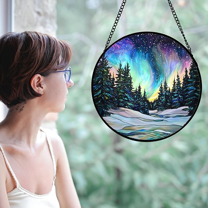 DASTOLL Stained Glass Window Hanging, Aurora Landscape Sun Catchers Glass Panel Green Trees Suncatcher Decor for Birthday for Women, Men, Wife, Aunt, and Mom 14.9x14.9 in