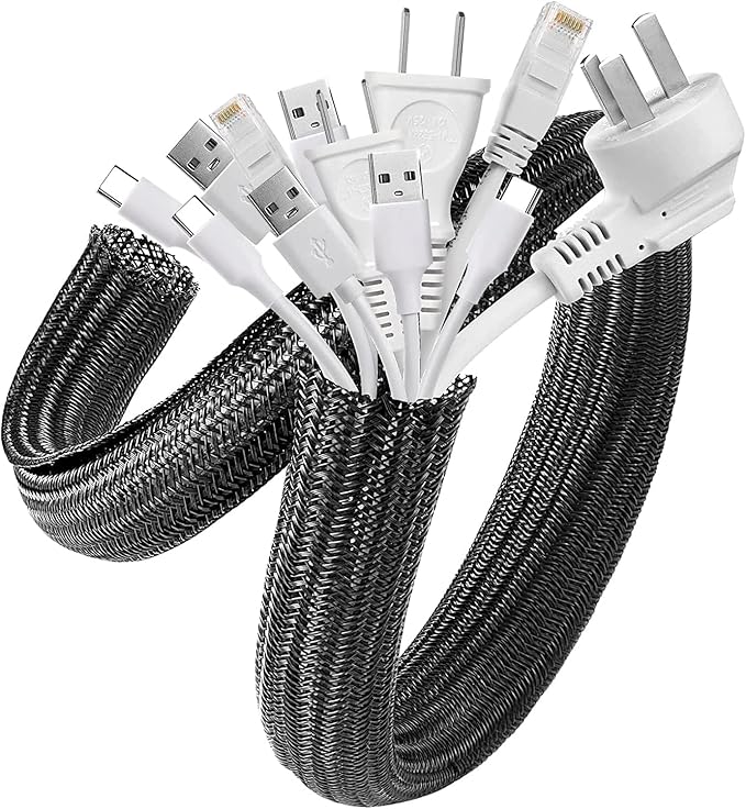 AGPTEK Cable Sleeve Cover, 2Pack 5ft - 1.8 inch Desk Cord Organizer Cable Hider, Home Office Wire Management Computer TV Wire Loom Tubing, Pet Proof Cord Protector, from Cat Dog Chewing, Black
