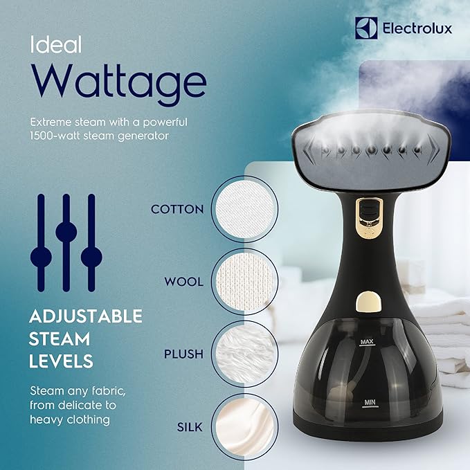 Electrolux Steamer for Clothes, LX15003 Portable Handheld Fabric and Garment Steamer Iron Press Wrinkle Remover with Lint Remover & Fabric Brush – Black