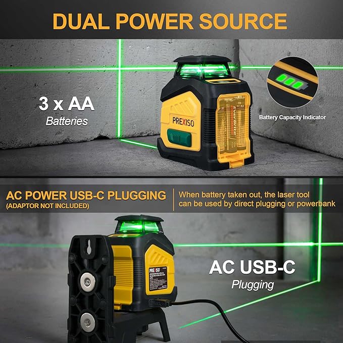 PREXISO 360° Laser Level with Tripod, 100Ft Dual Power Self Leveling Cross Line Laser- Wide Angle Vertical Line for Construction, Floor Tile, Renovation with Magnetic Base, Wall Panel Stand, Carry Bag