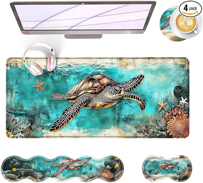 BFUKVOU Large Keyboard Mouse Pad Set, Extended Mouse Pad+Keyboard Wrist Rest Support, Memory Foam Ergonomic Easy Typing, 4Pcs (31.5×11.8 in) Desk Pad Set for Office Home,Watercolor Sea Turtle