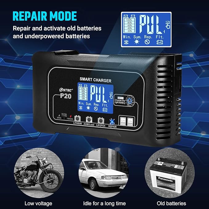 Dylannet Smart Battery Charger 20A 12V/24V Fully Automatic Maintainer, Trickle Charger/Desulfator with Overcharge Protection & Temperature Compensation for LiFePO4 Lead Acid Lithium Batteries
