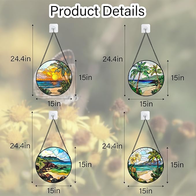 DASTOLL Stained Glass Window Hanging 4 Pcs Set Blue Ocean Coconut Tree Scenery Large 15" - Suncatcher Door Garden Sun Catcher Decor Birthday Christmas for Mom Woman Nana Men
