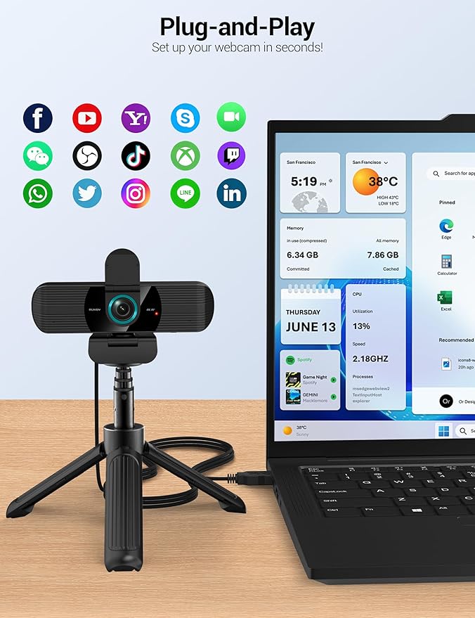 RUWBY UHD 4K Webcam with Built-in Dual Mics, Wide-Angle Lens, Privacy Cover, Tripod Stand, Autofocus Computer Camera, Plug and Play for Desktop PC or Laptop