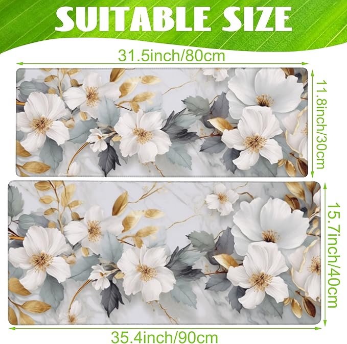 Eflxamz Desk Mat,White Gold Marble Desk Pad,White Flowers Golden Leaves Large Gaming Mouse Pad for Desk,Extended Big Computer Keyboard Mouse Pad with Non-Slip Base and Stitched Edge,35.4"x15.7"