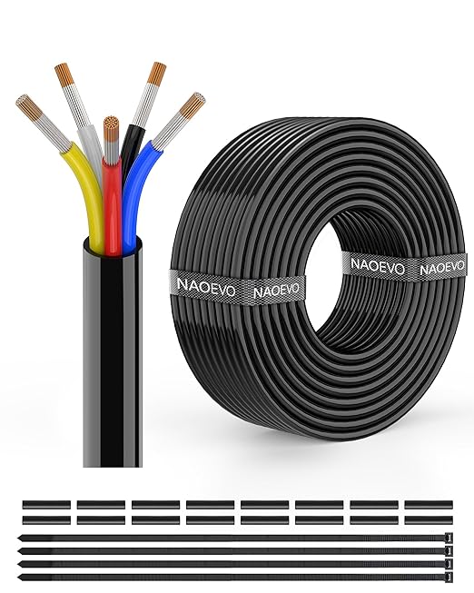 NAOEVO 16 Gauge Wire 5 Conductor Electrical Wire, 16 AWG Stranded PVC Cord, 12V Low Voltage/Tinned Copper/Flexible Cable for Automotive Wiring, Lamp Cord, Marine Cable (50FT)