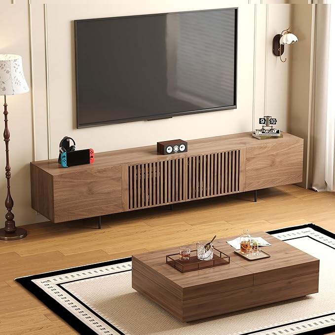 NessCarsti Mid-Century Modern TV Stand & Expandable Coffee Table Set, Walnut Finish, Stylish Storage Combo for Living Room or Bedroom (94.48“TV Stand+Coffee Table)