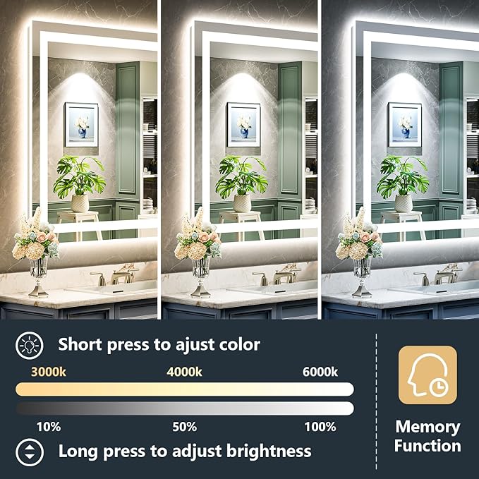 YEELAIT 24x32 Inch LED Bathroom Mirror with Lights Front and Backlit Lighted Vanity Mirror for Bathroom Wall with 3 Colors Dimmable Anti-Fog Memory Shatter-Proof IP54 Waterproof Horizontal/Vertical