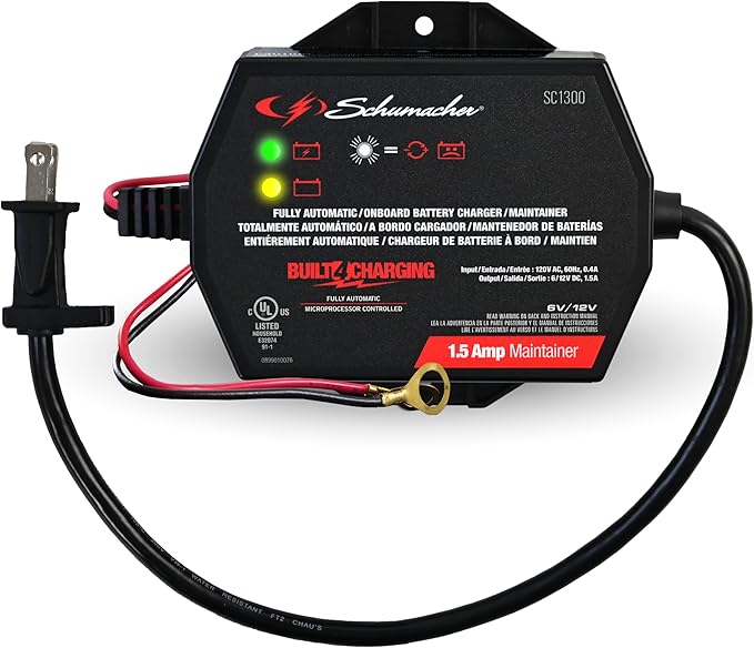 Schumacher Electric 1.5A Car Battery Charger and Maintainer, 3-in-1 Solution, for 6V/12V Power Sport, Automotive, and Marine Batteries, SC1300
