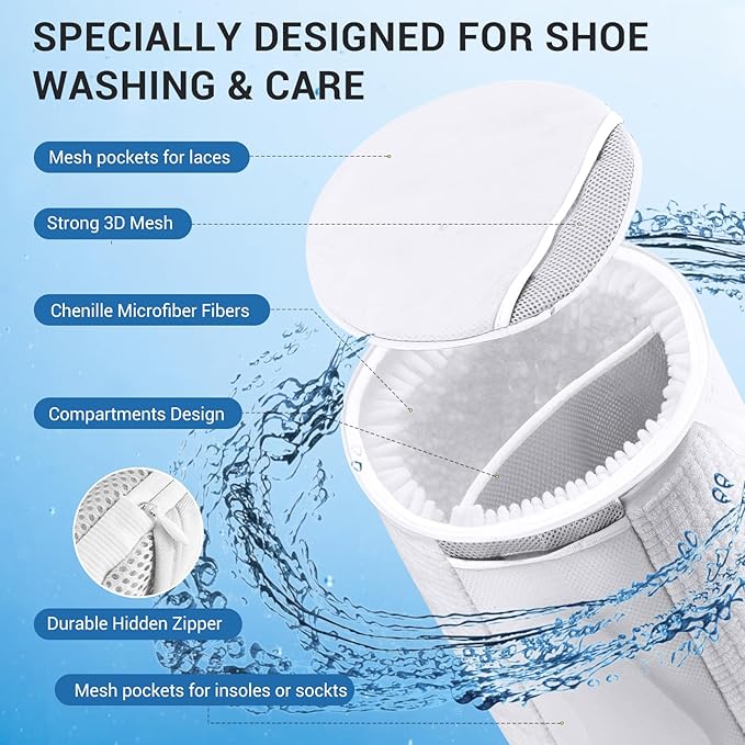 Teletrogy Large Shoe Bag for Washing Machine, Two-Zone Design, 2 Mesh Pockets, One-Step Wash for Complete Cleaning, Durable Invisible Zipper Sneaker Laundry Bag Home Dorm Essentials 9.45" x 13.8"