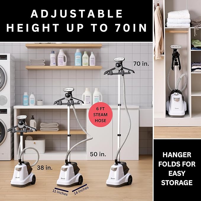 SALAV® Heavy Duty Smart Auto Shut-off Commercial Full-Size Garment Steamer, Beeping Alert when Water Runs out, Foot Pedal Control, XL 3L (101.5 oz) Tank, 1800 watts, 90+min of Continuous Steam, White