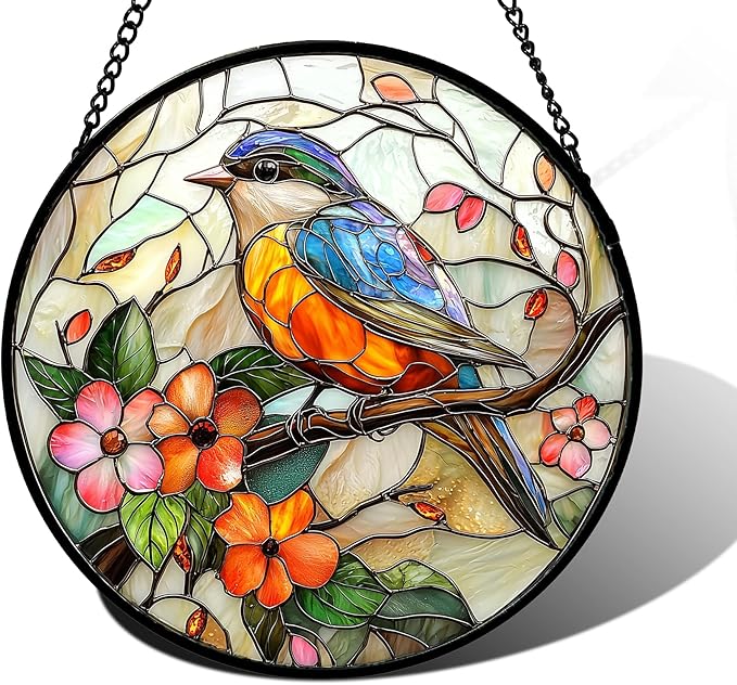 DASTOLL Stained Glass Window Hanging, Blue Bird Pink Flower Suncatcher Diamond Glass Panel Bird Sun Catchers Decor for Birthday for Women, Men, Wife, Aunt, and Mom 9.8 in