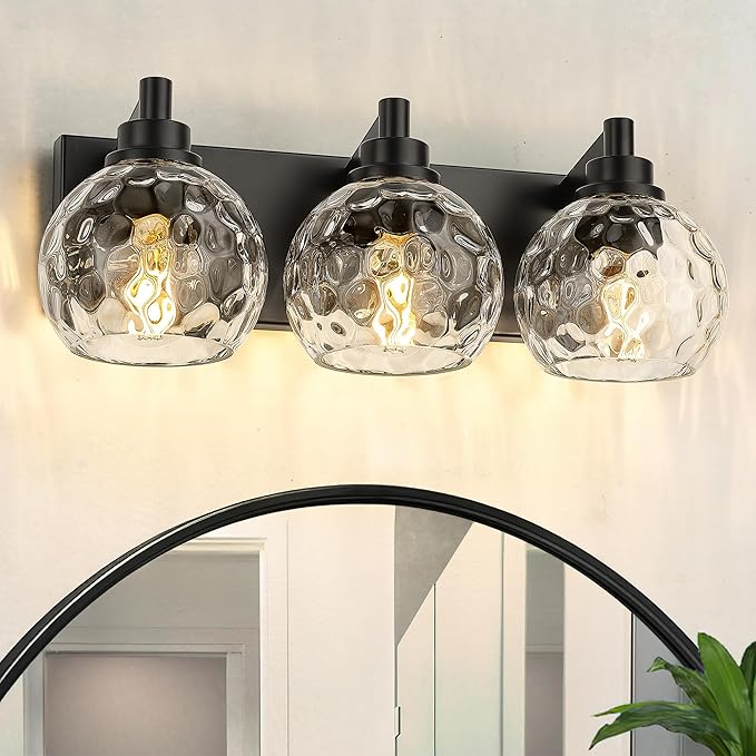 METWET Bathroom Light Fixtures Over Mirror, 3-Light Matte Black Vanity Light with Clear Hammered Glass Globe Shade, Modern Sconces Wall Lighting for Bedroom Hallway, VL200-MB-3
