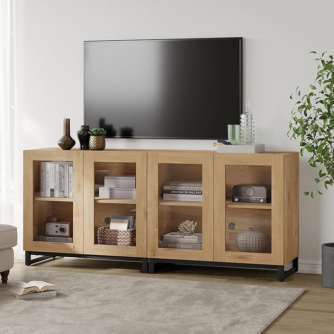 WAMPAT Modern TV Stand with Glass Doors for 32-70 inch TVs, Farmhouse Entertainment Center Media TV Console with Adjustable Shelves for Living Room, Bedroom, Oak