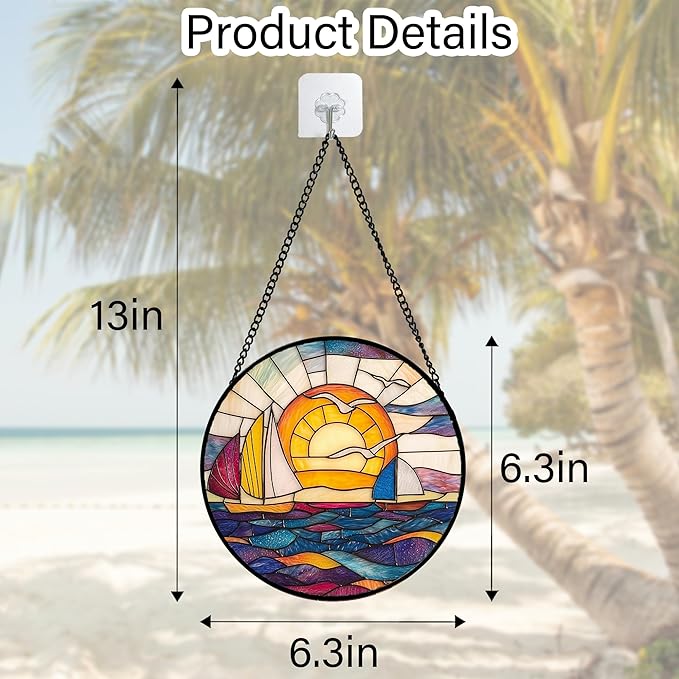 DASTOLL Stained Glass Window Hanging, Sailboat and Waves Suncatcher Diamond Glass Panel Hangings Sun Catchers Decor for Birthday for Women, Men, Wife, Aunt, and Mom 6.3 in