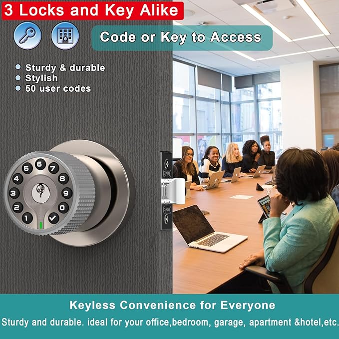 BOTHSTAR Keypad Door Knob with Key,Keyless Entry Door Lock, Code Locks Door Knob, Auto Lock,50 User Code,Easy to Install,for Home,Office,Hotel,Bedroom,Garage,No Deadbolt(3 Pack Nickel Key Alike)