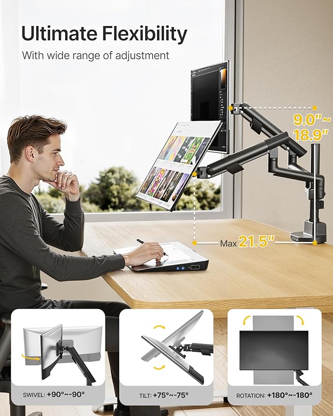 monTEK Dual Monitor Stand with USB Up to 35" Screens,Tall Post Mounted Monitor Arm holds Max 24.3lbs Per Screen, Full Motion Adjustable Arm Desk Mount with C-Clamp/Grommet,VESA 75/100mm, MA1010UCPBK-D