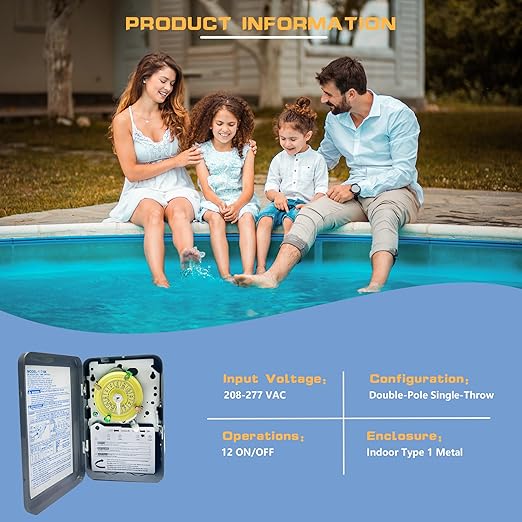 T104 Electromechanical Timer Switch,208-277 VAC 5HP 40A DPST Pool Timers,12 ON/Off Operations,Manual Override Included Trippers,Heavy Duty Pool Pump Timer