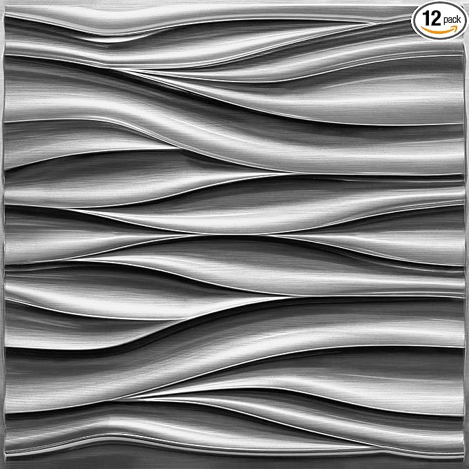 STICKGOO 3D Wall Panels, Brushed Silver Decorative Wall Covering Panels, Wave Wall Panels for Interior Wall Decor, PVC Accent Tiles for Living Room, TV Backdrop