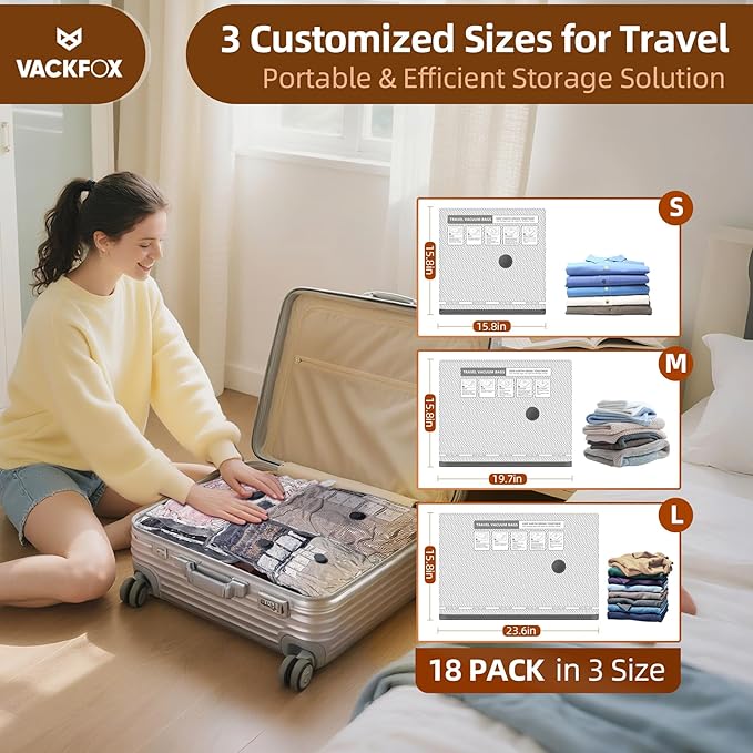 VACKFOX 18 Pack Travel Vacuum Bags for Clothing with Electric Pump, Compression Seal Packing Cubes for Luggage Suitcase Backpack, Carry-on Size Space Saver Storage Bags for Vacation Cruise