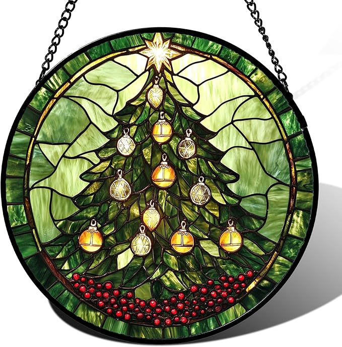 DASTOLL Stained Glass Window Hanging - Green Christmas Tree Golden Bells Suncatcher for Doors Home Christmas Decoration Sun Catcher Thanksgiving New Year Birthday Gift for Women Men Mom Nana 7.8 in