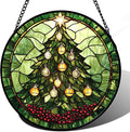 DASTOLL Stained Glass Window Hanging - Green Christmas Tree Golden Bells Suncatcher for Doors Home Christmas Decoration Sun Catcher Thanksgiving New Year Birthday Gift for Women Men Mom Nana 9.8 in