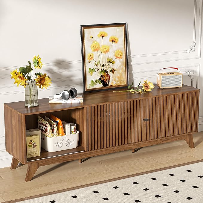 Oubayajia Mid Century Modern TV Stand for Televisions up to 70 Inches, with Sliding Doors and Storage, Curved Edge Television Stands, TV Consoles, Media Consoles for Living Room (Walnut, 70inch)