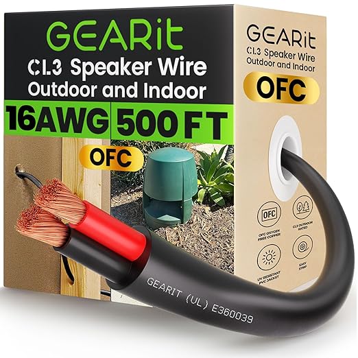 GEARit Outdoor Speaker Wire CL3 Rated, 16 Gauge Speaker Wire, Speaker Cable 500 ft for Outdoor Speakers, Patio, Garden, Backyard Audio, Direct Burial in Ground/in Wall, OFC (Black, 2-Conductors)