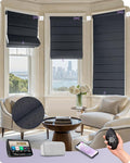Graywind Smart Roman Shades Compatible with Alexa Google WiFi Hardwired Automatic Blinds with Remote Blackout Plain Fold Soft Roman Window Shades for Windows Doors, Custom Size (Flowline Midnight)