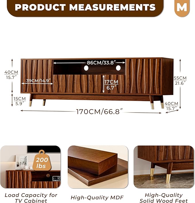 ATJafurn 66‘’ Brown Walnut Finish TV Stand for 48/55/65 Inch TVs, Mid Century Modern Wood Media Console Entertainment Center with 2 Drawers and 2 Cabinets for Living Room Bedroom
