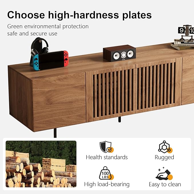 Pajiasen 70.87″ Mid Century Modern Walnut TV Stand with Grille Doors, Storage Cabinets,Entertainment Center for TVs Up to 80",Media Console for Living Room or Bedroom