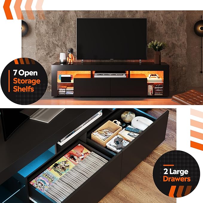 WLIVE 63 inch TV Stand for 50 55 60 65 70 75 Inch TVs, Modern Entertainment Center with LED Lights & 2 Large Storage Drawers, TV Console Gaming Media Television Stands for Living Room, Bedroom(Black)