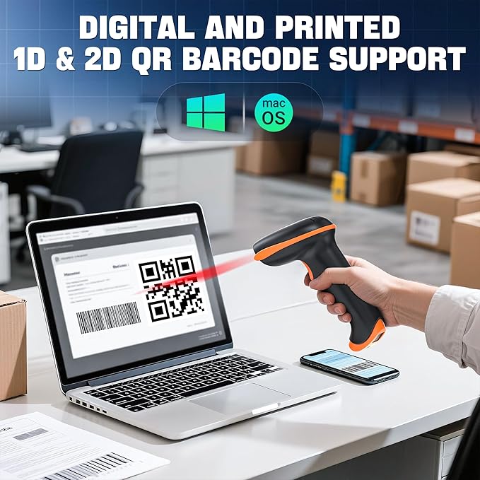 Tera 1D 2D QR Barcode Scanner with Adjustable Folding Stand and Charging Cradle, Wall Mountable 2.4G Wireless & USB 2.0 Wired QR Bar Code Reader with Vibration Alert Model D5100-Fold