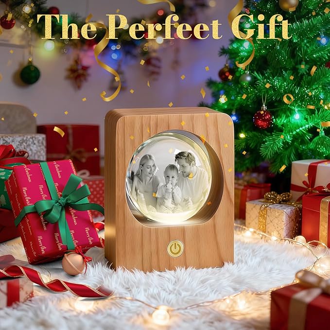 Gloryage Personalized 3D Crystal Photo Lamp – Custom Engraved Memory Ball with Warm LED Light and Wood Base, Ideal Gift for Anniversary, Wedding, Birthday, Valentine's Day, Pet Memorial