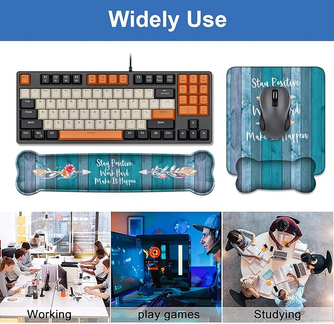 Keyboard Wrist Rest and Mouse Pad Wrist Support Set, Inspirational Quote Stay Positive Work Hard and Make It Happen Non-Slip Rubber PU Base for Home Office Working Studying Easy Typing & Pain Relief