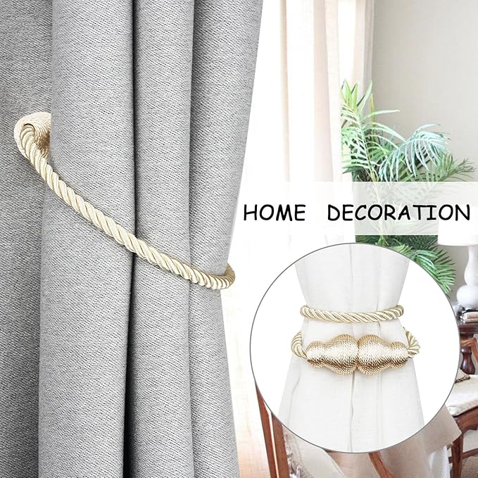 Nieffeiy Magnetic Curtain Tiebacks Outdoor Curtain Tie Backs Rope Decorative Magnetic Curtain Holders for Drapes Window Treatment Holdbacks, Ecru 2Pack