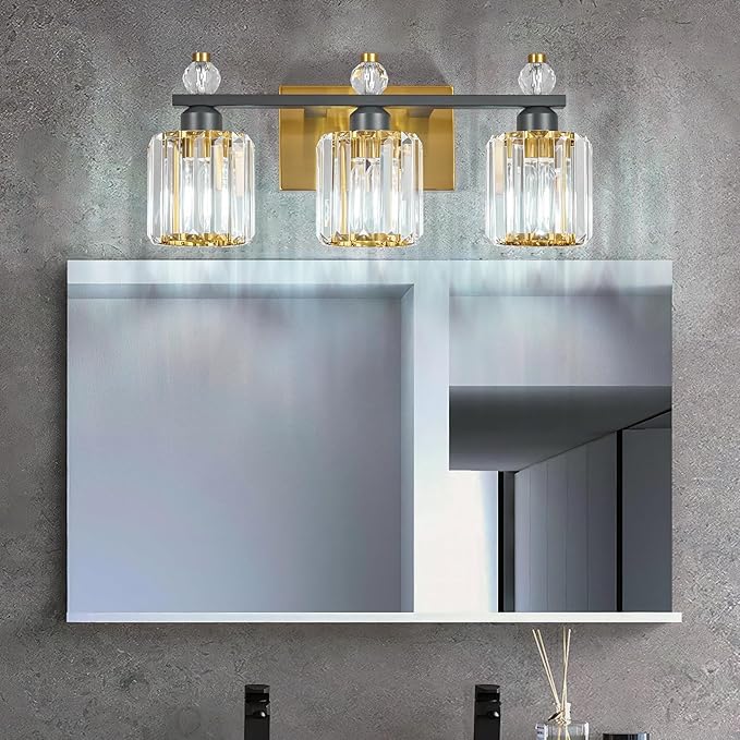 FDPBY Bathroom Vanity Lights 3-Light Sand Black Gold Modern Crystal Vanity Light Fixtures Over Mirror Crystal Bathroom Vanity Lighting Fixtures