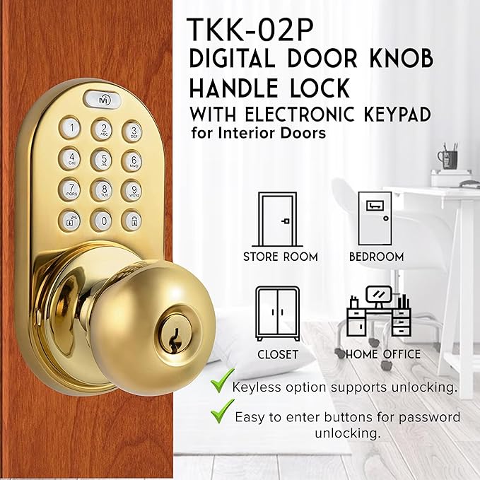 MiLocks TKK-02P Digital Door Knob Handle Lock with Electronic Keypad - Keyless Entry Smart Door Lock with Adjustable Latch Locks, Audible Tones for Interior Front Doors & More, Polished Brass
