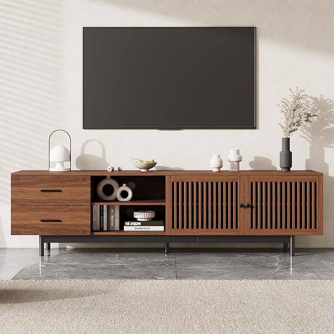 Zerberus 78” TV Stand, Mid-Century Modern TV Console Entertainment Center for TVs up to 85 Inch, Media Cabinet with Deep Drawers, Slatted Doors, Adjustable Shelf, Cable Management