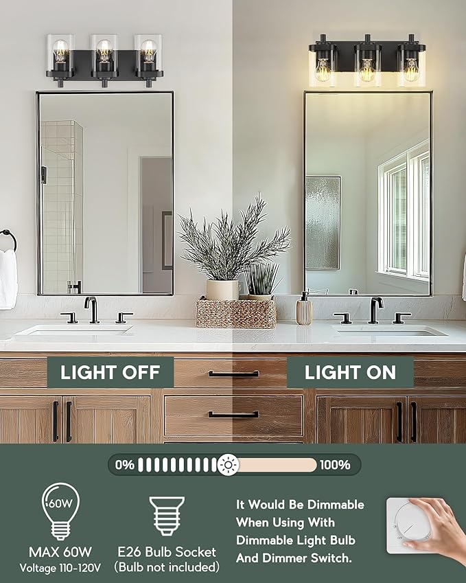 METWET Bathroom Light Fixtures Over Mirror, 3-Light Matte Black Vanity Light with Square Clear Glass Shade, Modern Wall Sconces, Vanity Lighting Fixtures, VL194-MB-3