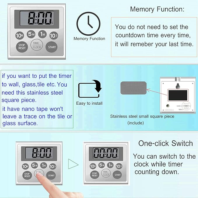NUOSWEK Digital Timer Waterproof Shower Timer Shower Clock Bathroom Kitchen Timer with Strong Magnet and Large LCD Display (Waterproof 7 Key)