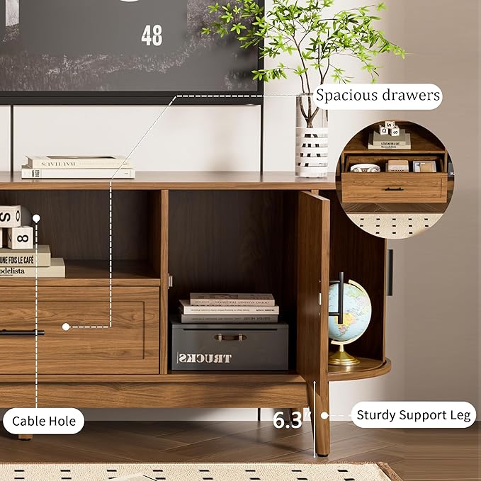 Mxtxmy 63" Fluted TV Stand for Tvs up to 70", Mid-Century Modern Entertainment Center with Drawers and Fluted Doors, Curved TV Media Console Table with Sliding Doors for Living Room, Bedroom (63")