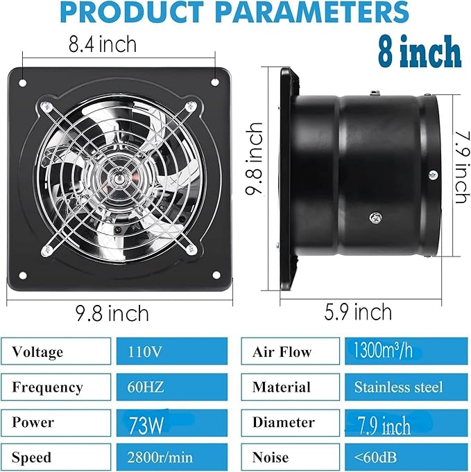Aydomer Exhaust Fan 78W Through-wall installation Ventilation Fans 110V Exhaust Fan with Plug 8 inch Exhaust Smoke Fan with Light Weight Pure Copper Motor for Kitchen Bathroom (Black)